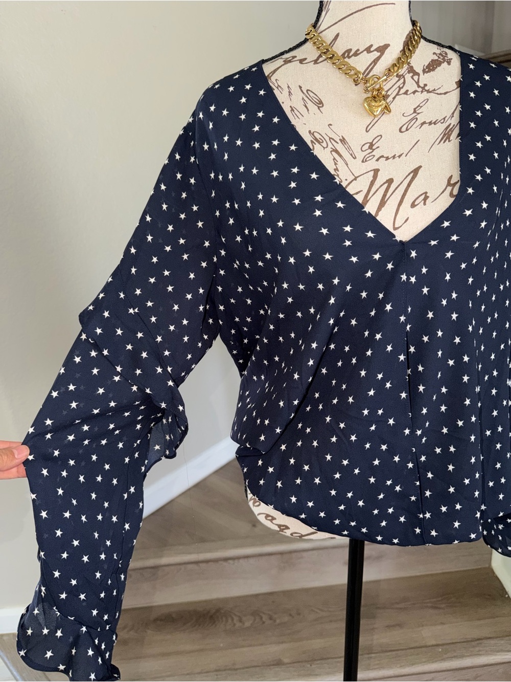 Max Studio Navy Star-Print V-Neck Blouse
